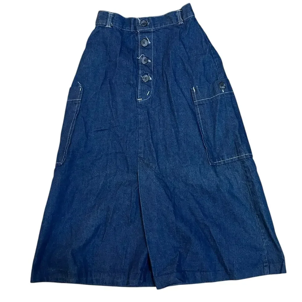 Vintage 70s Denim Jean Midi Skirt Womens Jrs 7 Western Boho Cottage Modest